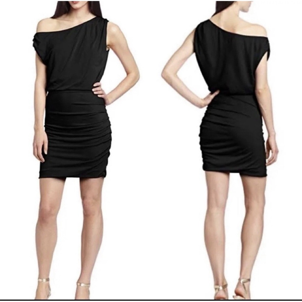 Halston Heritage Mini Dress Size Small Black Draped Ruched One-Shoulder Party - Picture 2 of 8